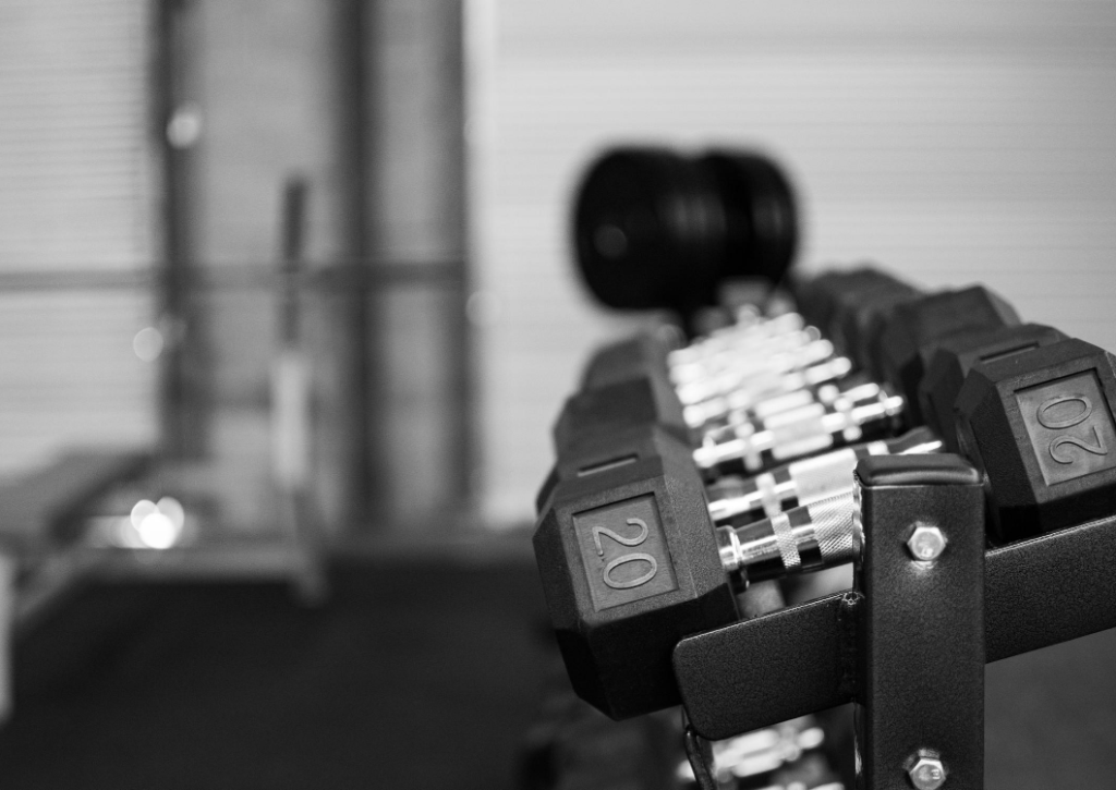 rack of weights in a home gym