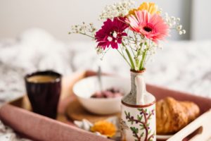 flowers and breakfast on tray